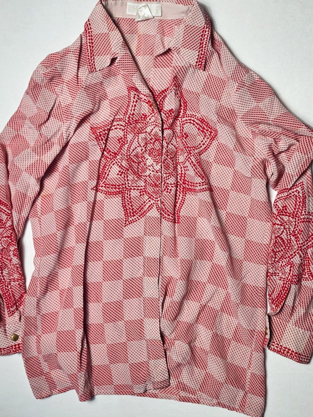 40 VTG Escada made in germany silk blouse checkered embroidered orange pink